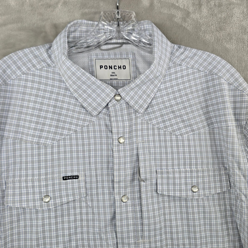 Poncho Pearl Snap Shirt Mens XXL Gray Plaid Slim Fit Western Performance